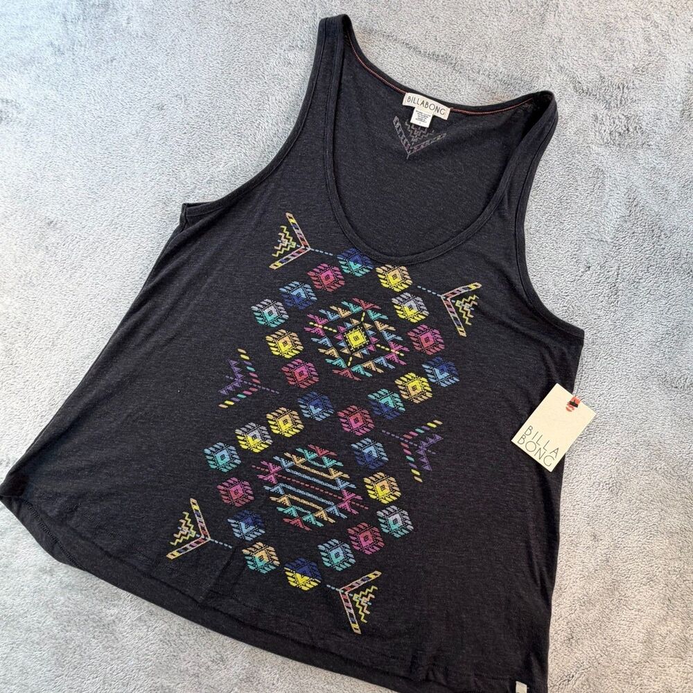 Billabong Tank Top Women’s Large Tribal Aztec Print Black Sleeveless NWT